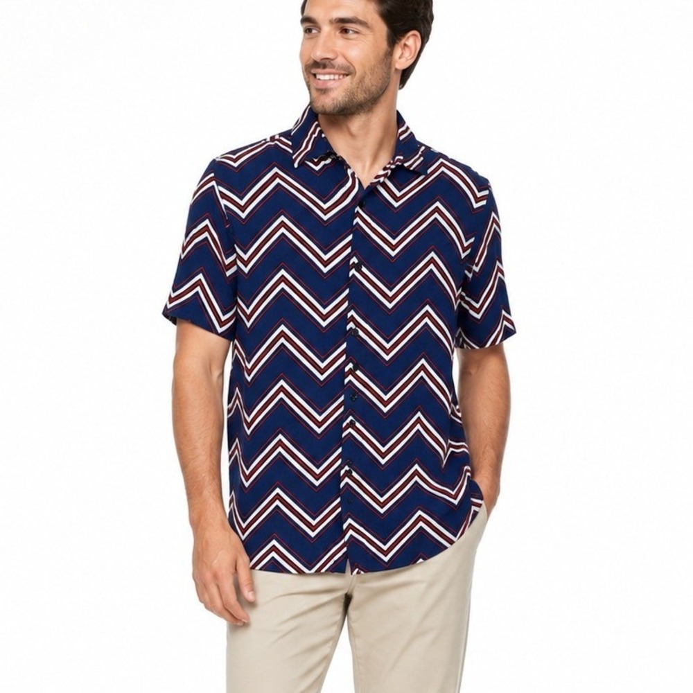 Topman Medium Blue Chevron Zigzag Short Sleeve Viscose Button Down Shirt | M